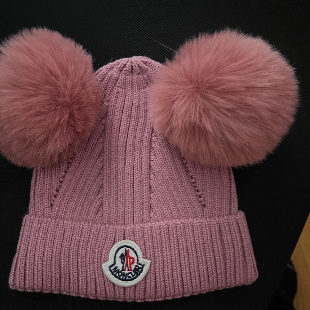 New Moncler Kids Beanie Hat with Two Pom Poms Pink One Size